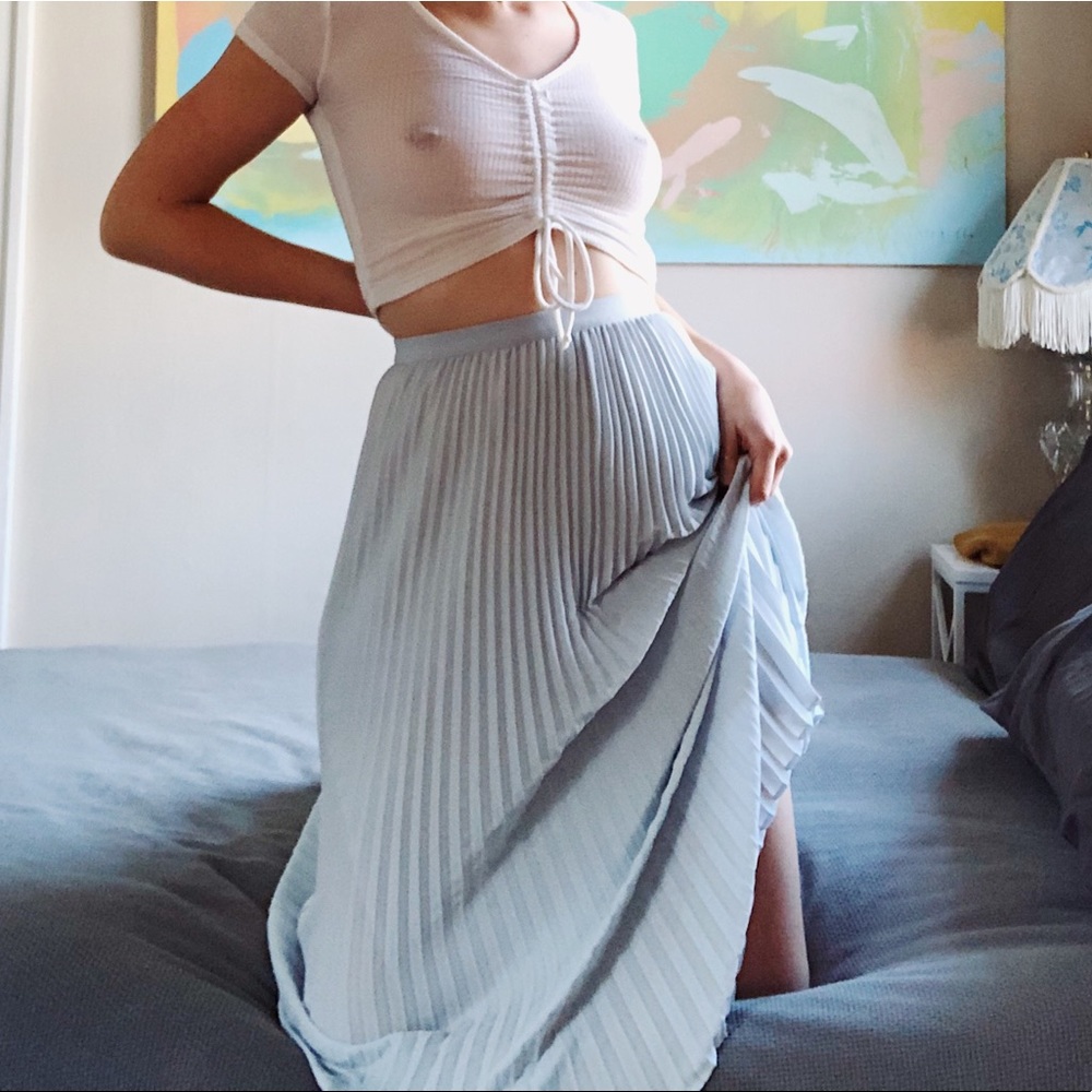 pleated baby blue midi skirt